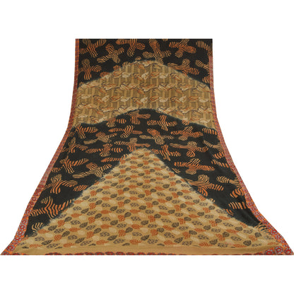 Sanskriti Vintage Sarees Cream & Black Pure Georgette Printed Sari 5+yd Sustainable Fabric