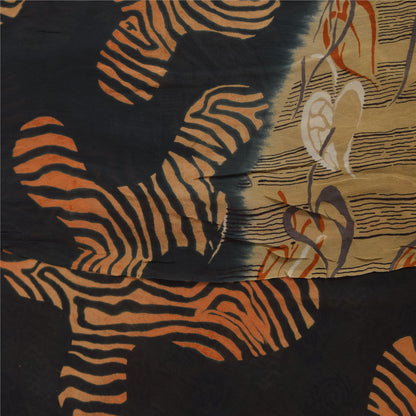 Sanskriti Vintage Sarees Cream & Black Pure Georgette Printed Sari 5+yd Sustainable Fabric