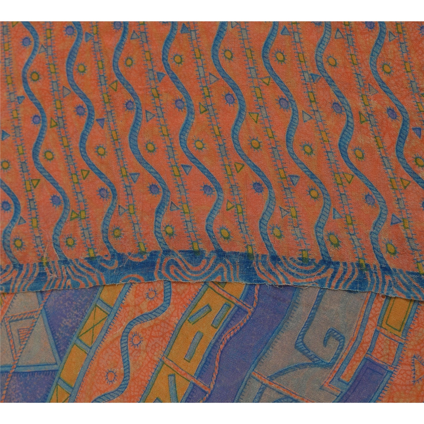 Sanskriti Vintage Sarees Pure Georgette Peach & Blue Printed Sari 5+yd Sustainable Fabric