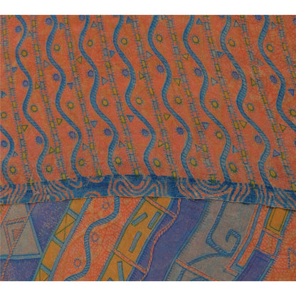 Sanskriti Vintage Sarees Pure Georgette Peach & Blue Printed Sari 5+yd Sustainable Fabric