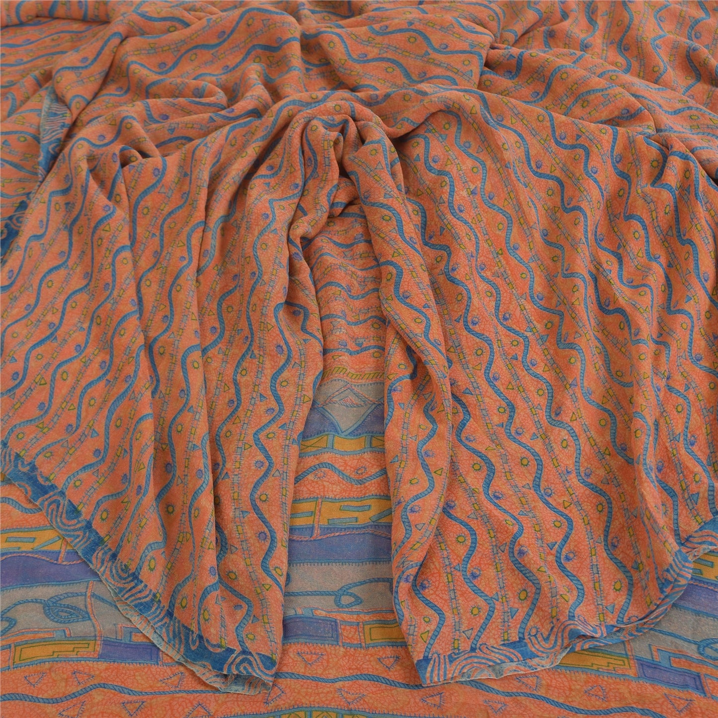 Sanskriti Vintage Sarees Pure Georgette Peach & Blue Printed Sari 5+yd Sustainable Fabric