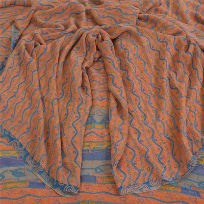 Sanskriti Vintage Sarees Pure Georgette Peach & Blue Printed Sari 5+yd Sustainable Fabric