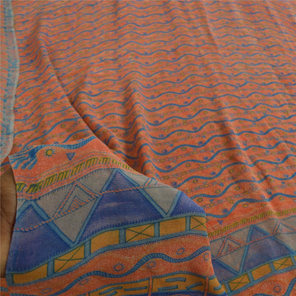 Sanskriti Vintage Sarees Pure Georgette Peach & Blue Printed Sari 5+yd Sustainable Fabric