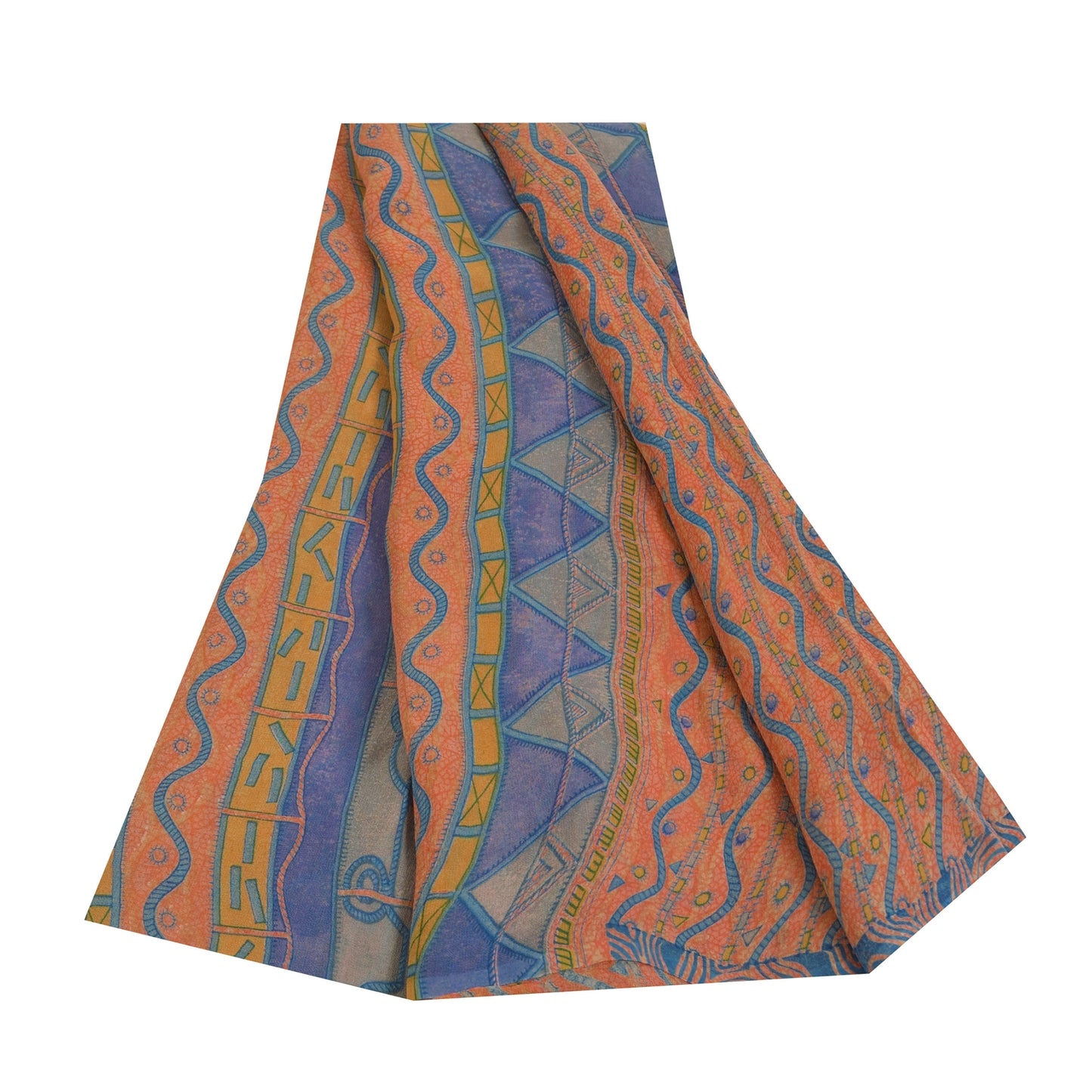 Sanskriti Vintage Sarees Pure Georgette Peach & Blue Printed Sari 5+yd Sustainable Fabric