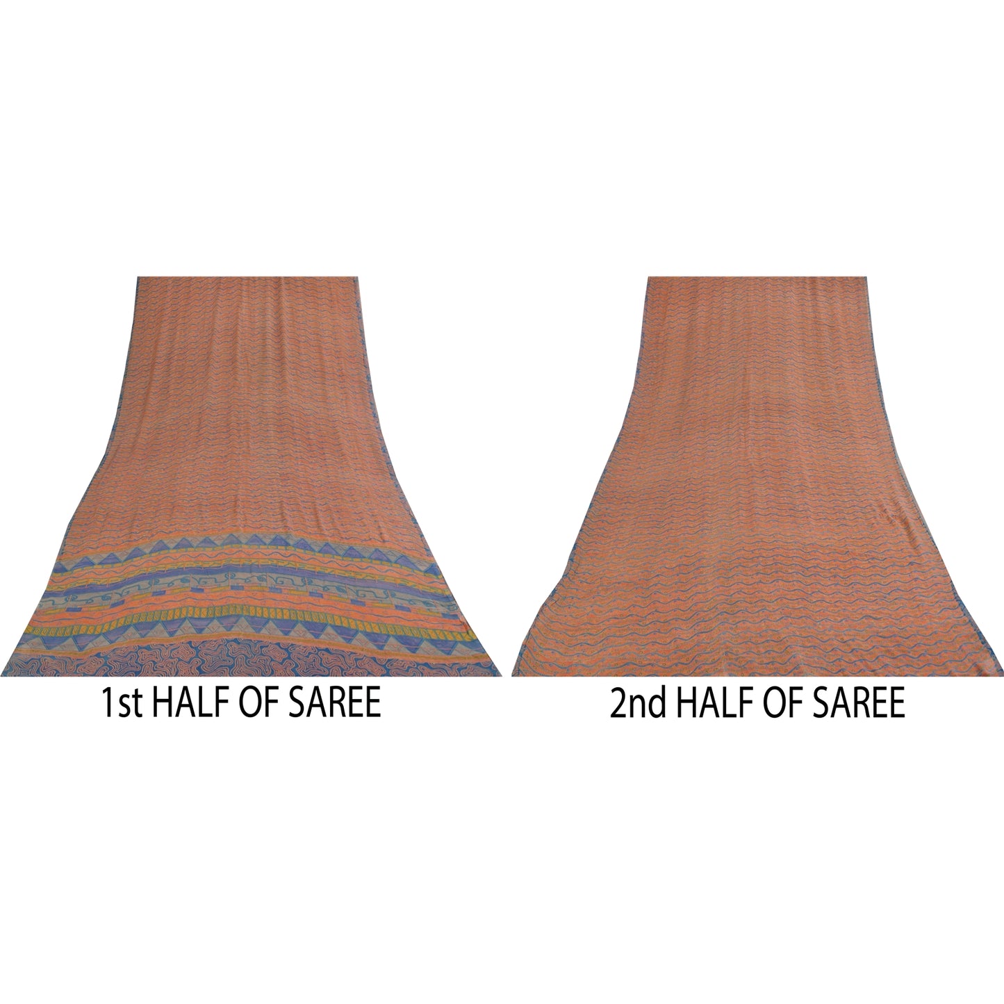 Sanskriti Vintage Sarees Pure Georgette Peach & Blue Printed Sari 5+yd Sustainable Fabric