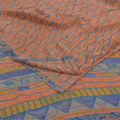 Sanskriti Vintage Sarees Pure Georgette Peach & Blue Printed Sari 5+yd Sustainable Fabric