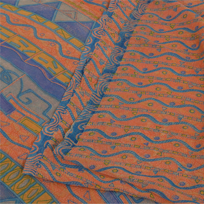 Sanskriti Vintage Sarees Pure Georgette Peach & Blue Printed Sari 5+yd Sustainable Fabric