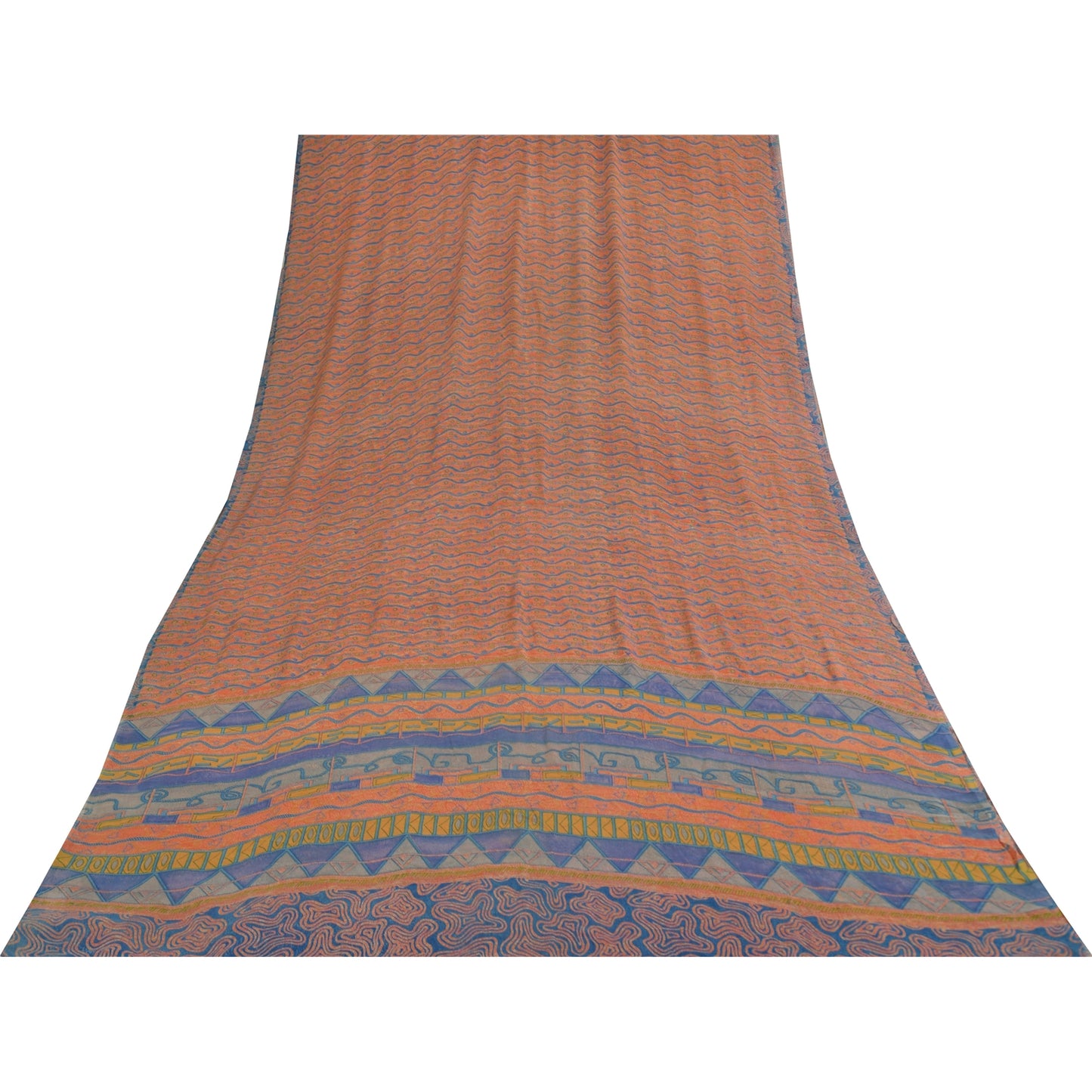 Sanskriti Vintage Sarees Pure Georgette Peach & Blue Printed Sari 5+yd Sustainable Fabric