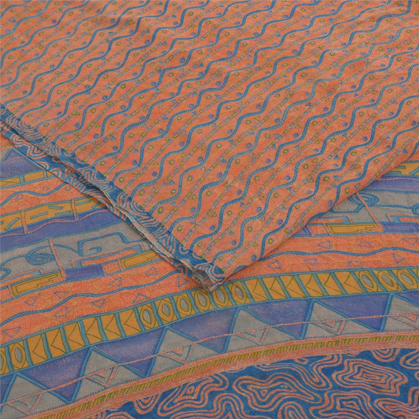 Sanskriti Vintage Sarees Pure Georgette Peach & Blue Printed Sari 5+yd Sustainable Fabric