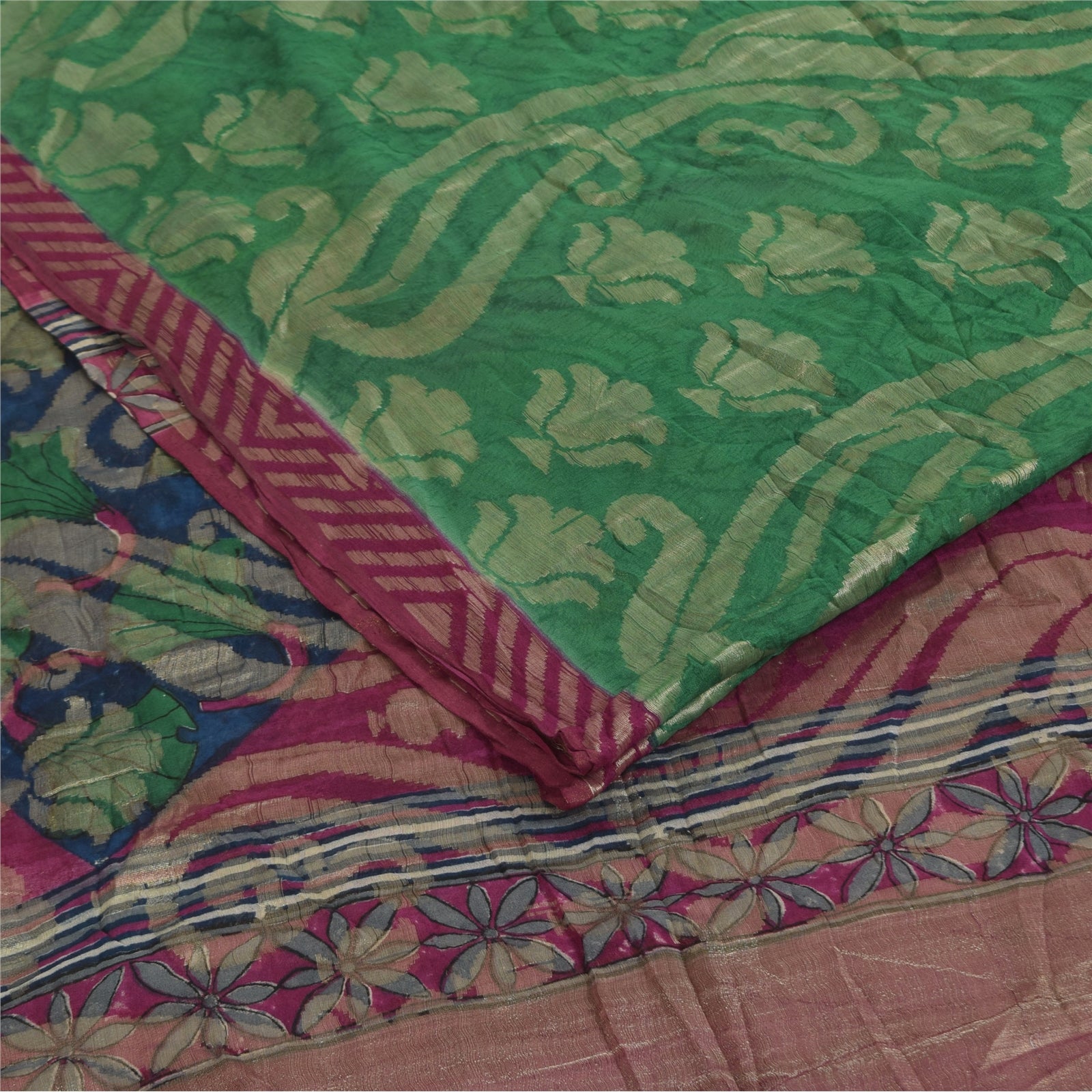 Sanskriti Vintage Sarier Lilla &amp; Grøn Ren Georgette Trykt Sari 5+ yards Bæredygtigt Stoff
