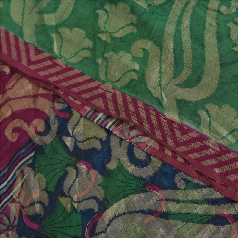 Sanskriti Vintage Sarier Lilla &amp; Grøn Ren Georgette Trykt Sari 5+ yards Bæredygtigt Stoff