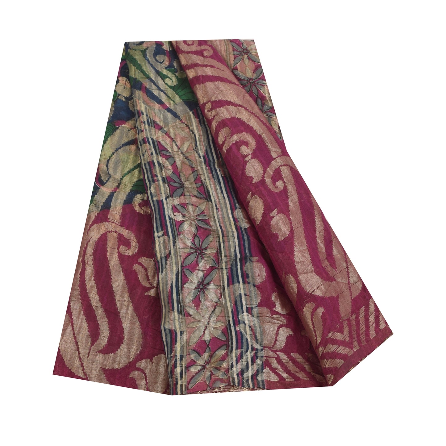 Sanskriti Vintage Sarees Purple & Green Pure Georgette Printed Sari 5+yd Sustainable Fabric