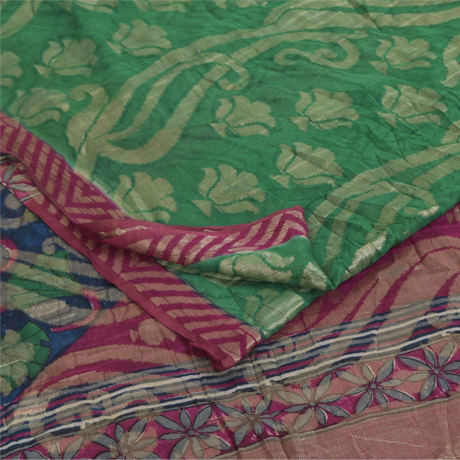 Sanskriti Vintage Sarier Lilla &amp; Grøn Ren Georgette Trykt Sari 5+ yards Bæredygtigt Stoff