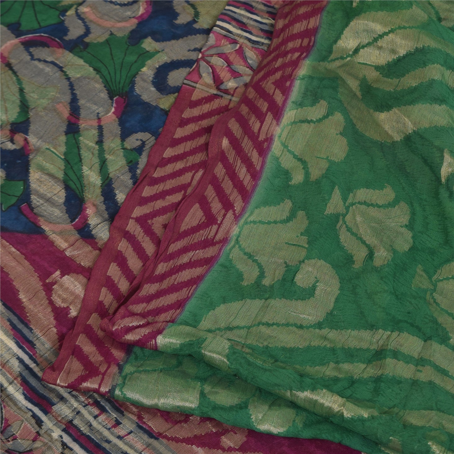 Sanskriti Vintage Sarees Purple & Green Pure Georgette Printed Sari 5+yd Sustainable Fabric