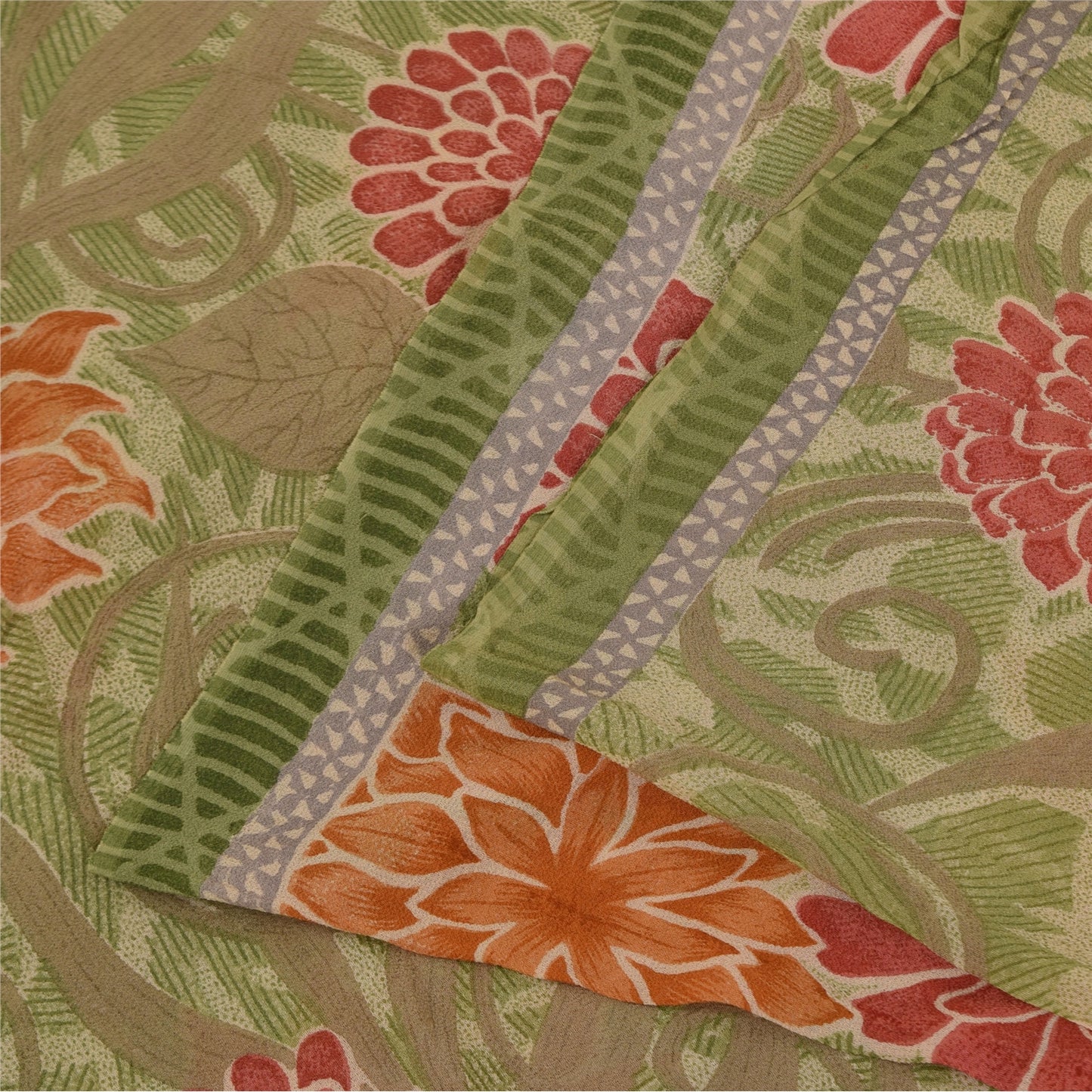 Sanskriti Vintage Sarees Green Pure Georgette Silk Print Sari 5+yd Craft Fabric