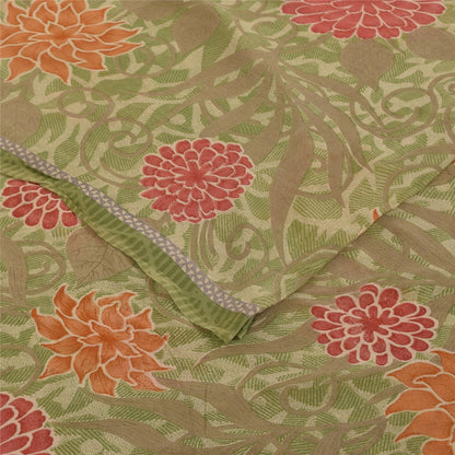 Sanskriti Vintage Sarees Green Pure Georgette Silk Print Sari 5+yd Craft Fabric