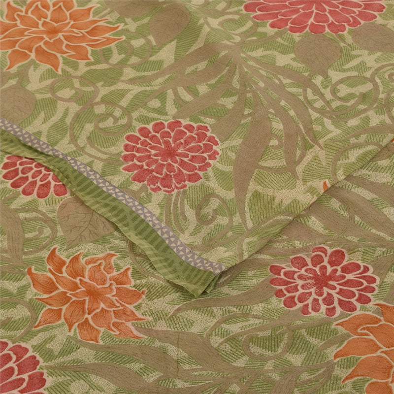 Sanskriti Vintage Sarees Green Pure Georgette Silk Print Sari 5+yd Craft Fabric