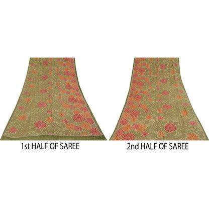 Sanskriti Vintage Sarees Green Pure Georgette Silk Print Sari 5+yd Craft Fabric