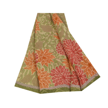 Sanskriti Vintage Sarees Green Pure Georgette Silk Print Sari 5+yd Craft Fabric