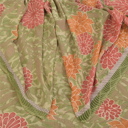 Sanskriti Vintage Sarees Green Pure Georgette Silk Print Sari 5+yd Craft Fabric