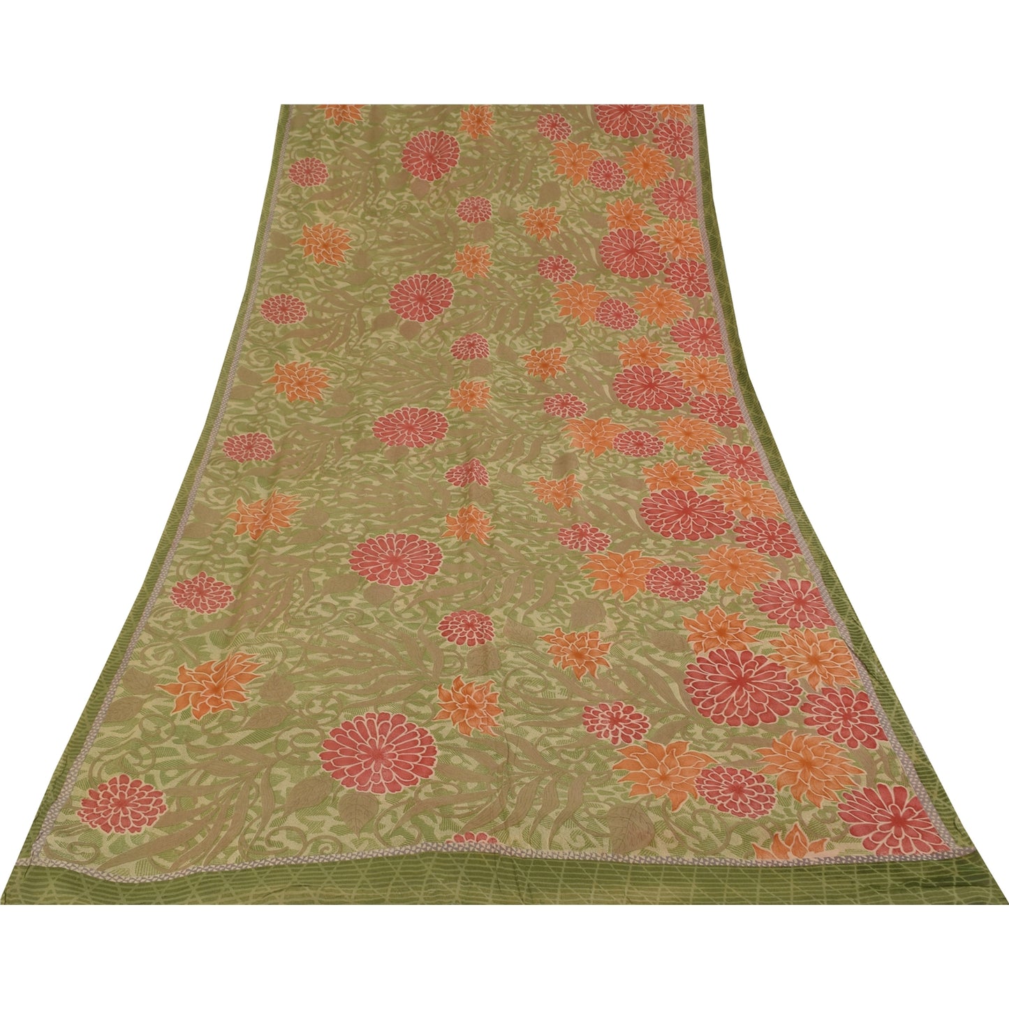Sanskriti Vintage Sarees Green Pure Georgette Silk Print Sari 5+yd Craft Fabric