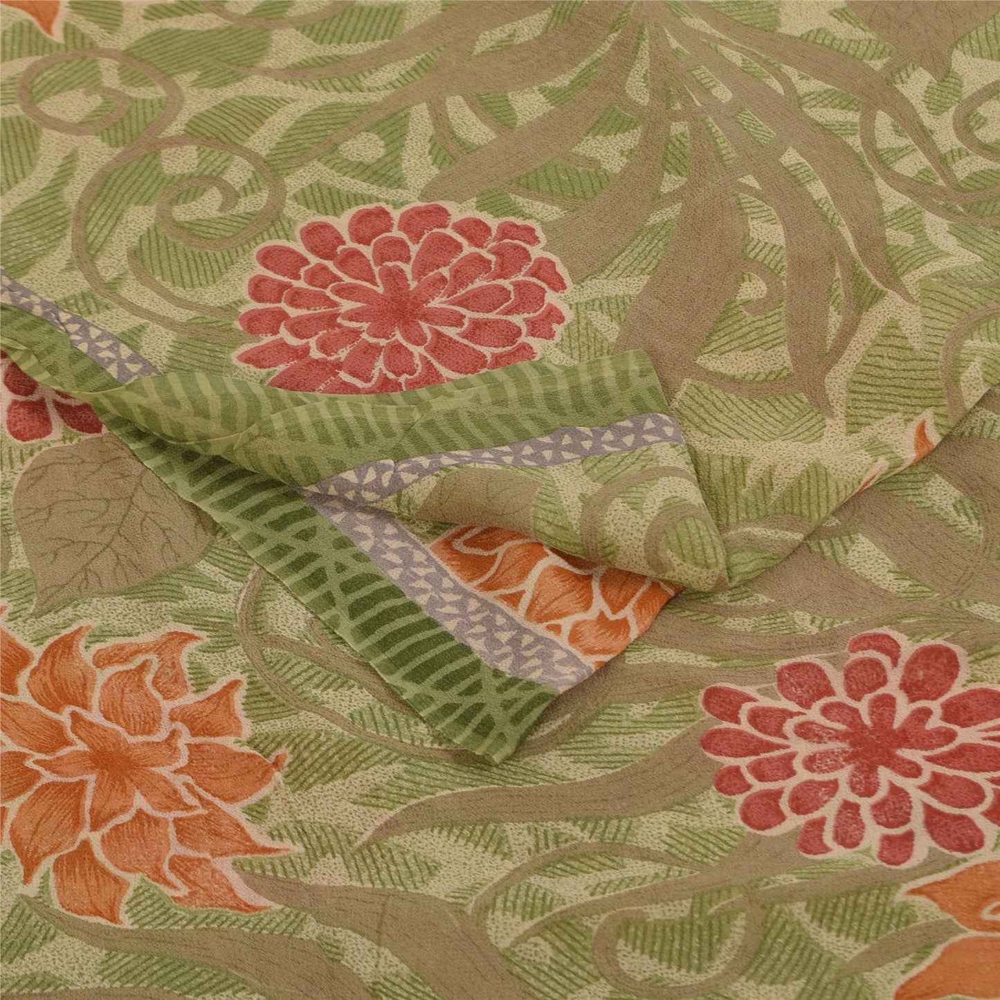 Sanskriti Vintage Sarees Green Pure Georgette Silk Print Sari 5+yd Craft Fabric