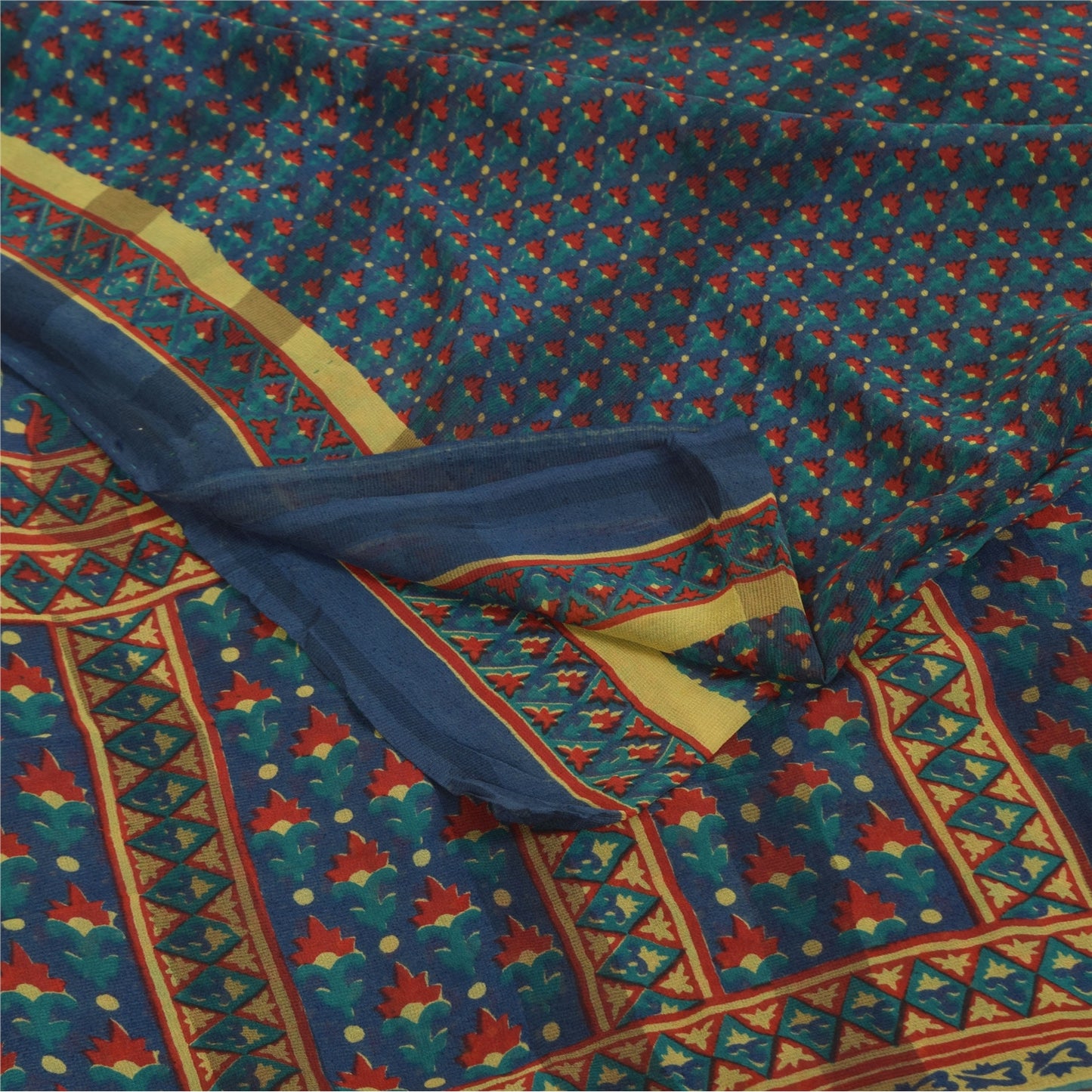 Sanskriti Vintage Sarees Blue Pure Georgette Silk Printed Sari 5+yd Craft Sustainable Fabric