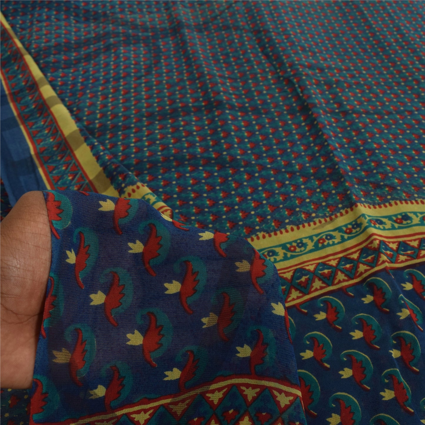 Sanskriti Vintage Sarees Blue Pure Georgette Silk Printed Sari 5+yd Craft Sustainable Fabric