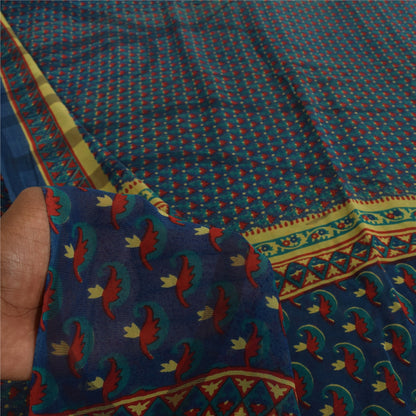 Sanskriti Vintage Sarees Blue Pure Georgette Silk Printed Sari 5+yd Craft Sustainable Fabric