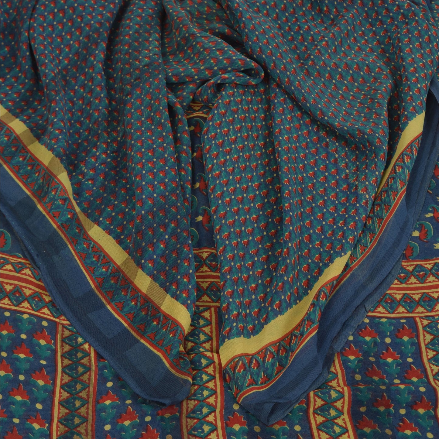 Sanskriti Vintage Sarees Blue Pure Georgette Silk Printed Sari 5+yd Craft Sustainable Fabric