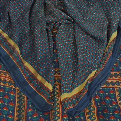 Sanskriti Vintage Sarees Blue Pure Georgette Silk Printed Sari 5+yd Craft Sustainable Fabric