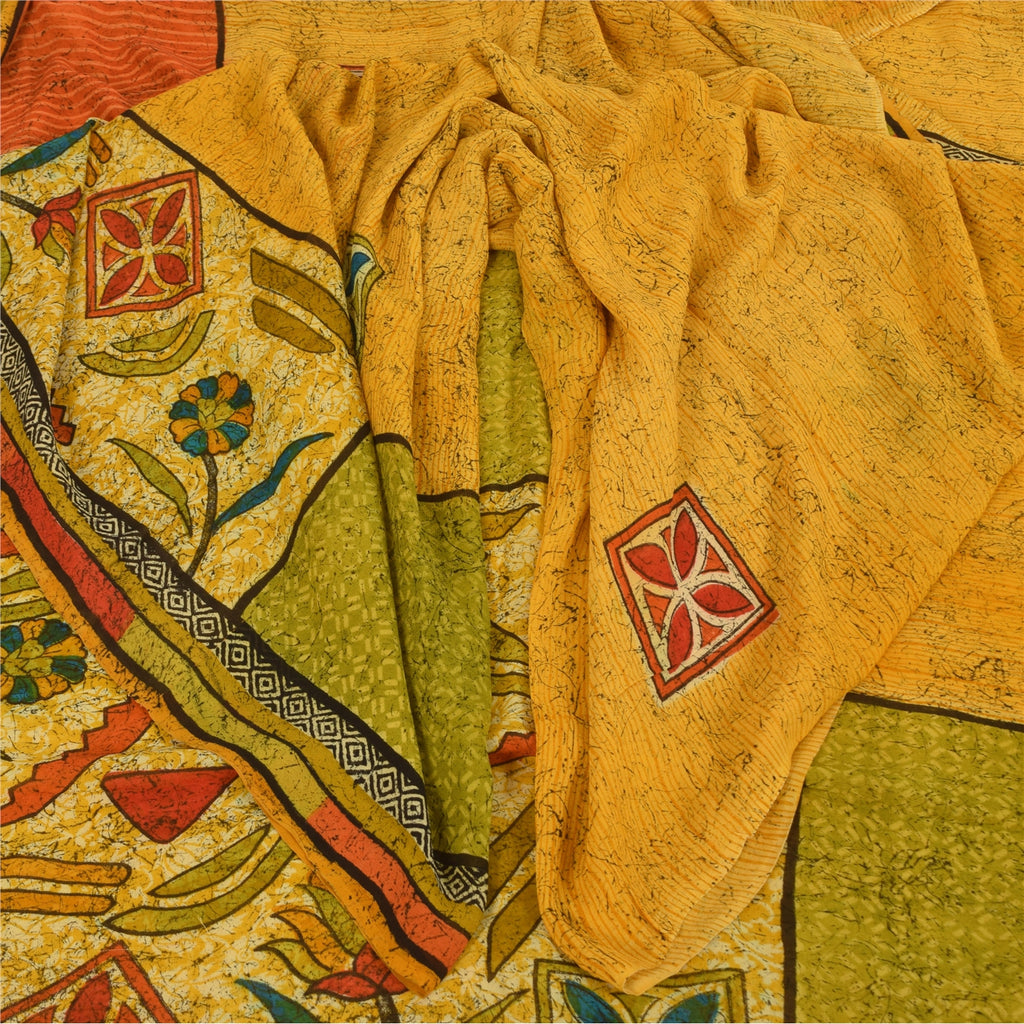 Sanskriti Vintage Sarier Gul Ren Georgette Silke Print Sari 5+ yard Håndværk Bæredygtigt Stoff