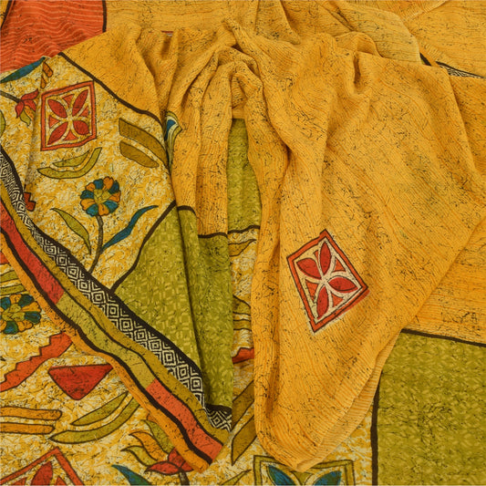 Sanskriti Vintage Sarier Gul Ren Georgette Silke Print Sari 5+ yard Håndværk Bæredygtigt Stoff