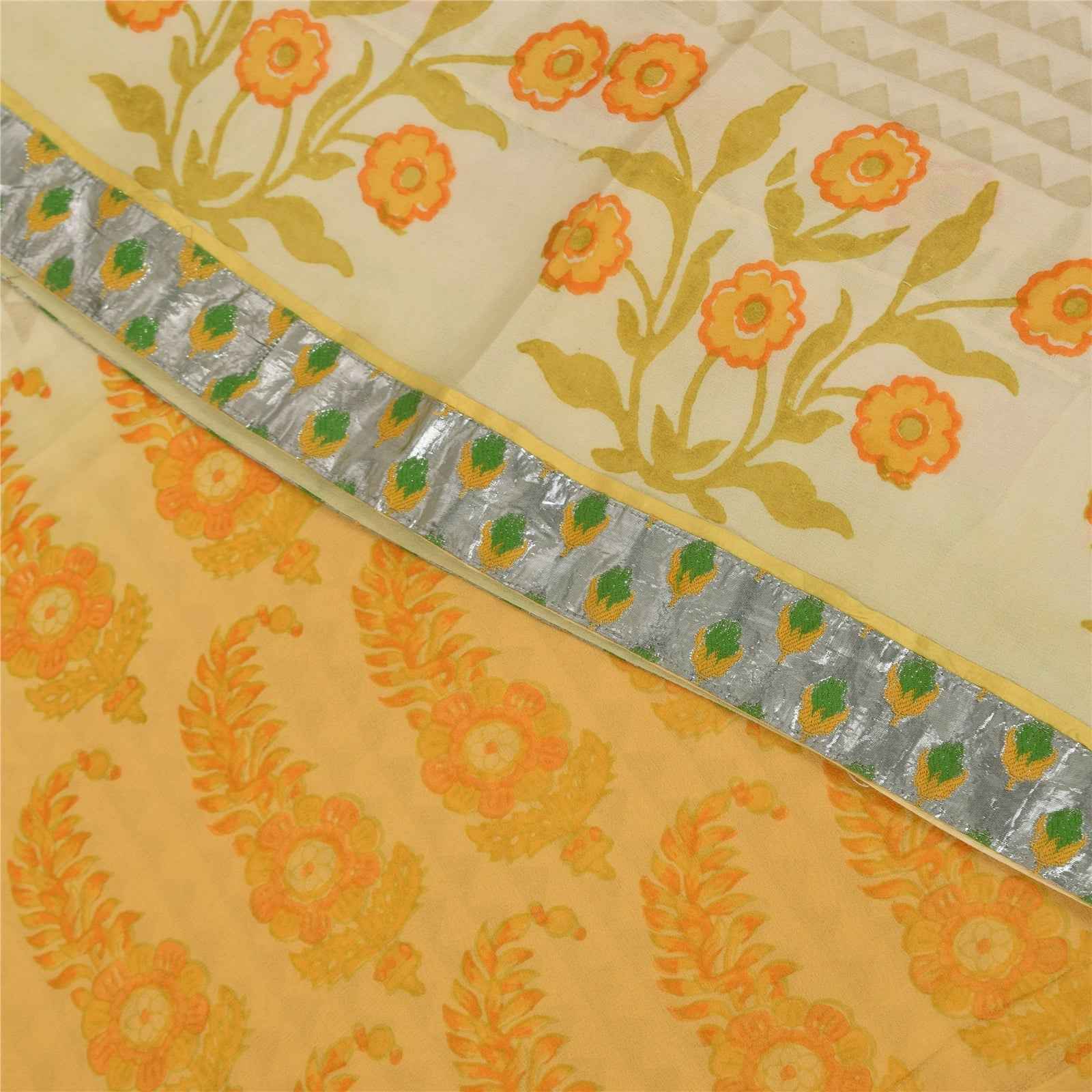 Sanskriti Vintage Sarees Ivory Pure Georgette Silk Print Sari 5+yd Craft Fabric