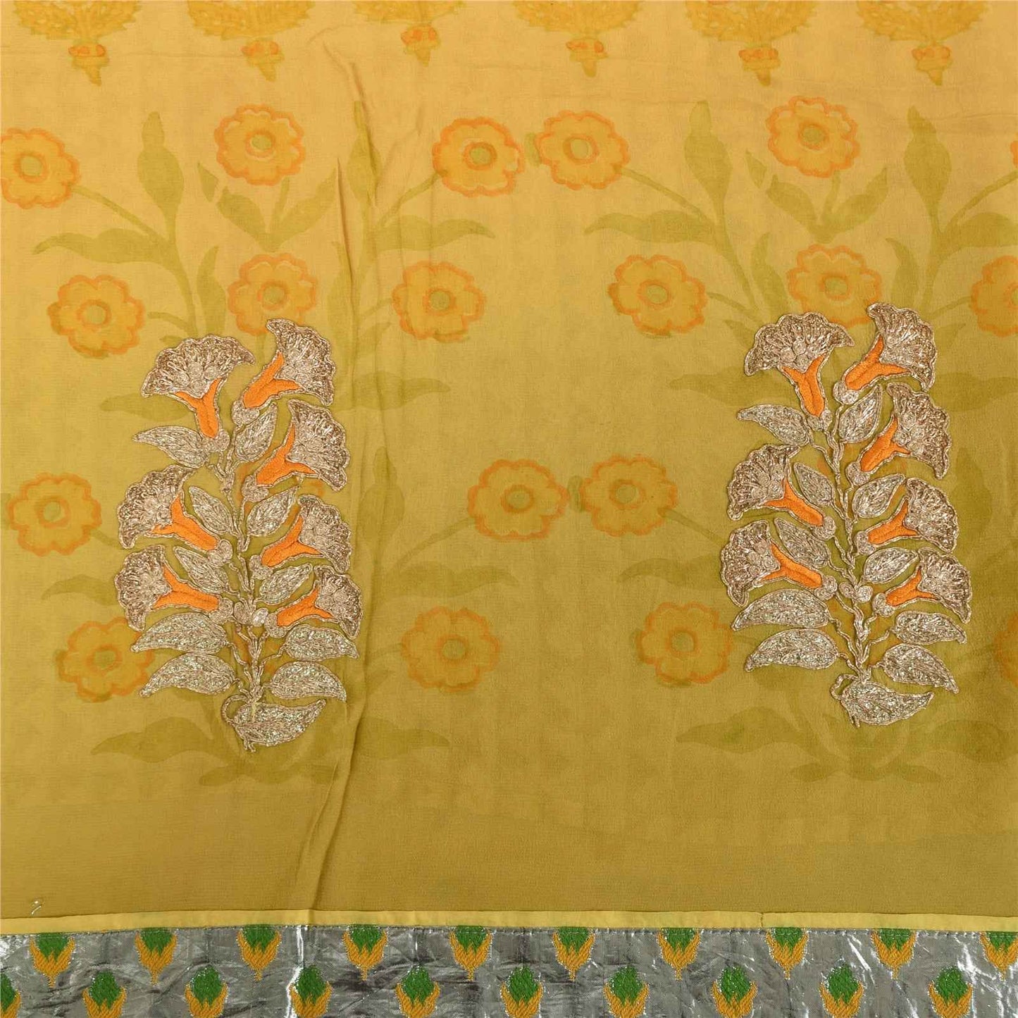Sanskriti Vintage Sarees Ivory Pure Georgette Silk Print Sari 5+yd Craft Fabric
