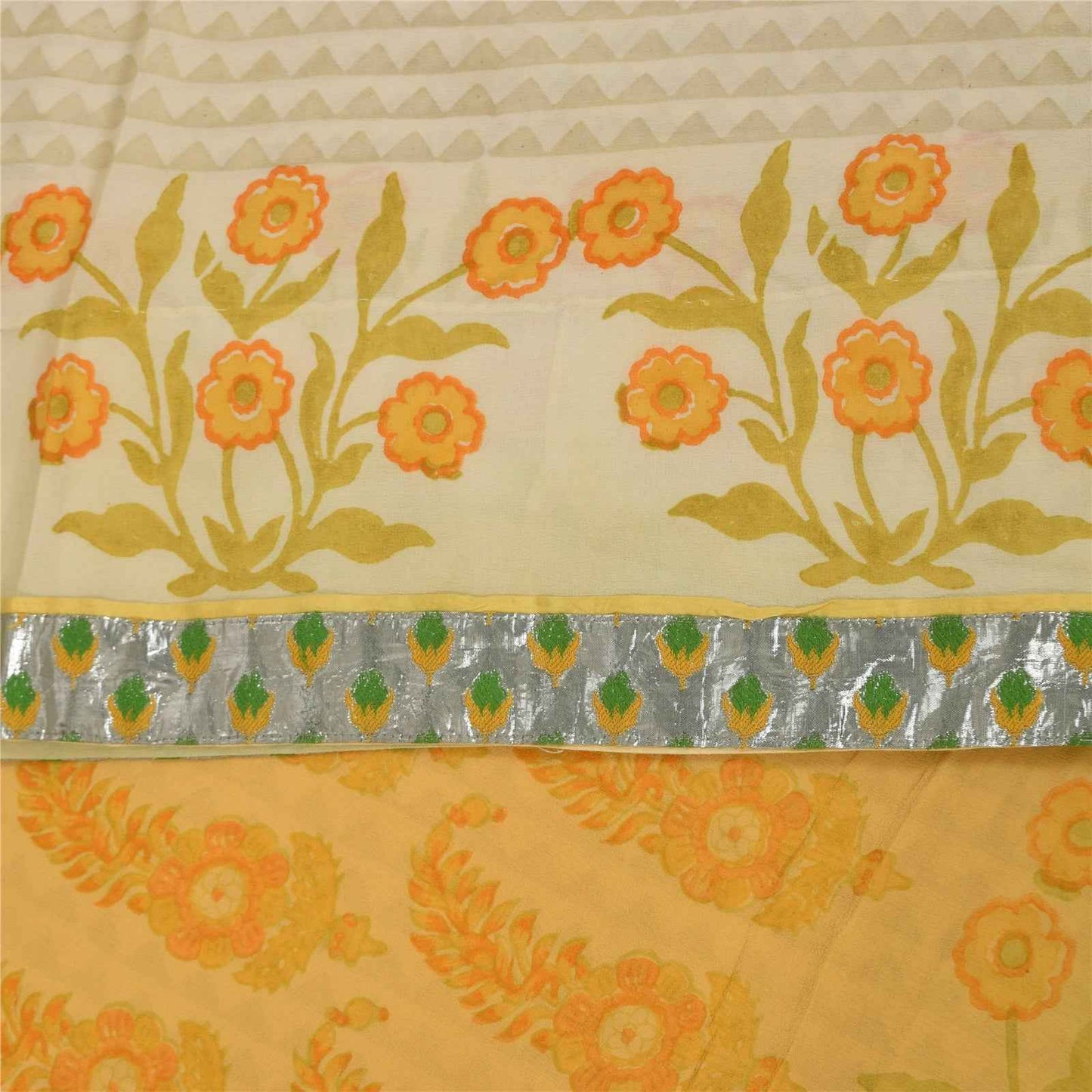 Sanskriti Vintage Sarees Ivory Pure Georgette Silk Print Sari 5+yd Craft Fabric