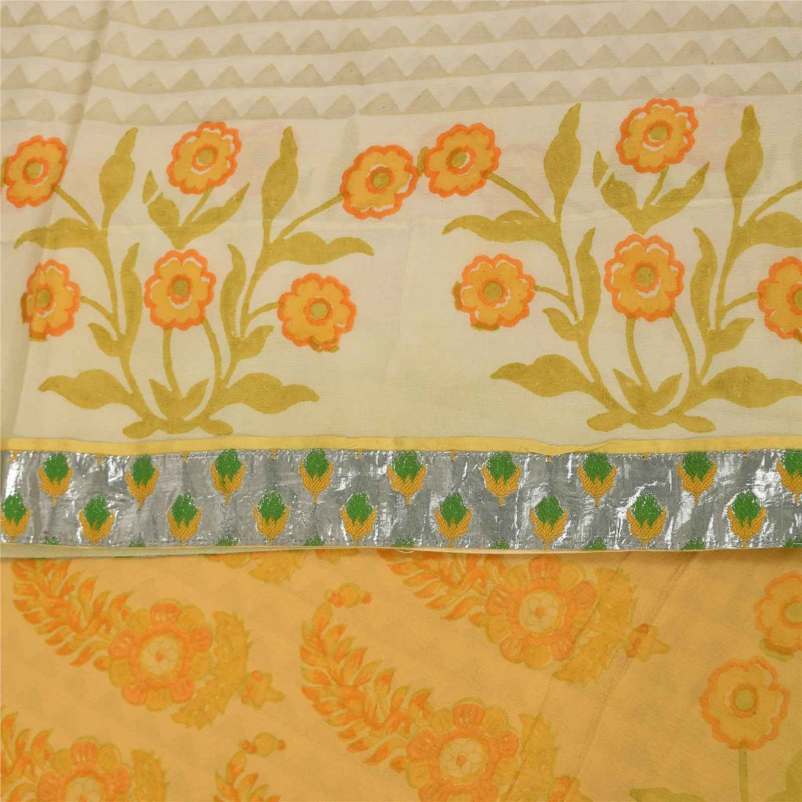 Sanskriti Vintage Sarees Ivory Pure Georgette Silk Print Sari 5+yd Craft Fabric
