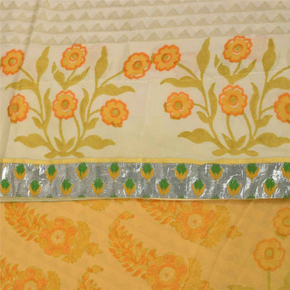 Sanskriti Vintage Sarees Ivory Pure Georgette Silk Print Sari 5+yd Craft Fabric