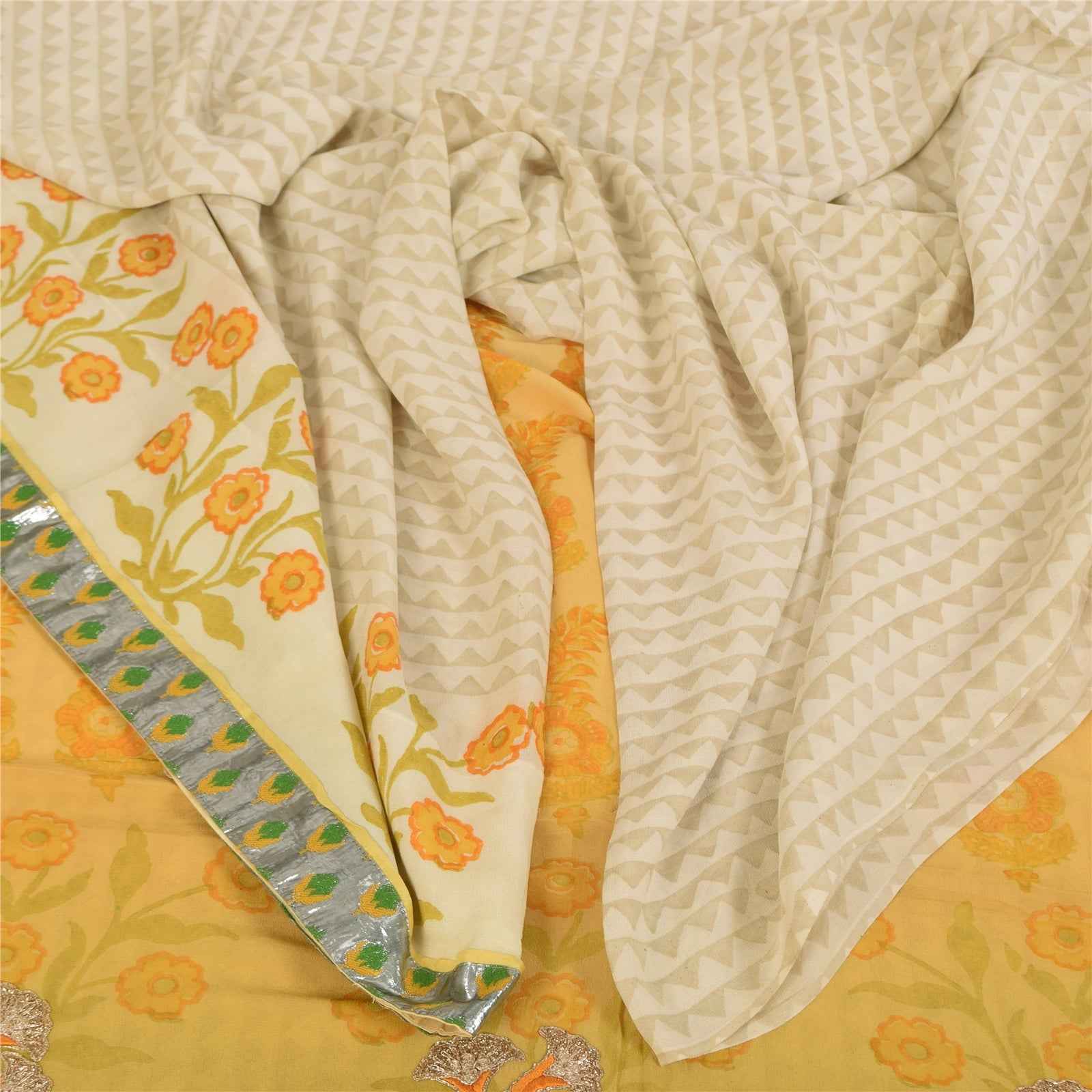 Sanskriti Vintage Sarees Ivory Pure Georgette Silk Print Sari 5+yd Craft Fabric