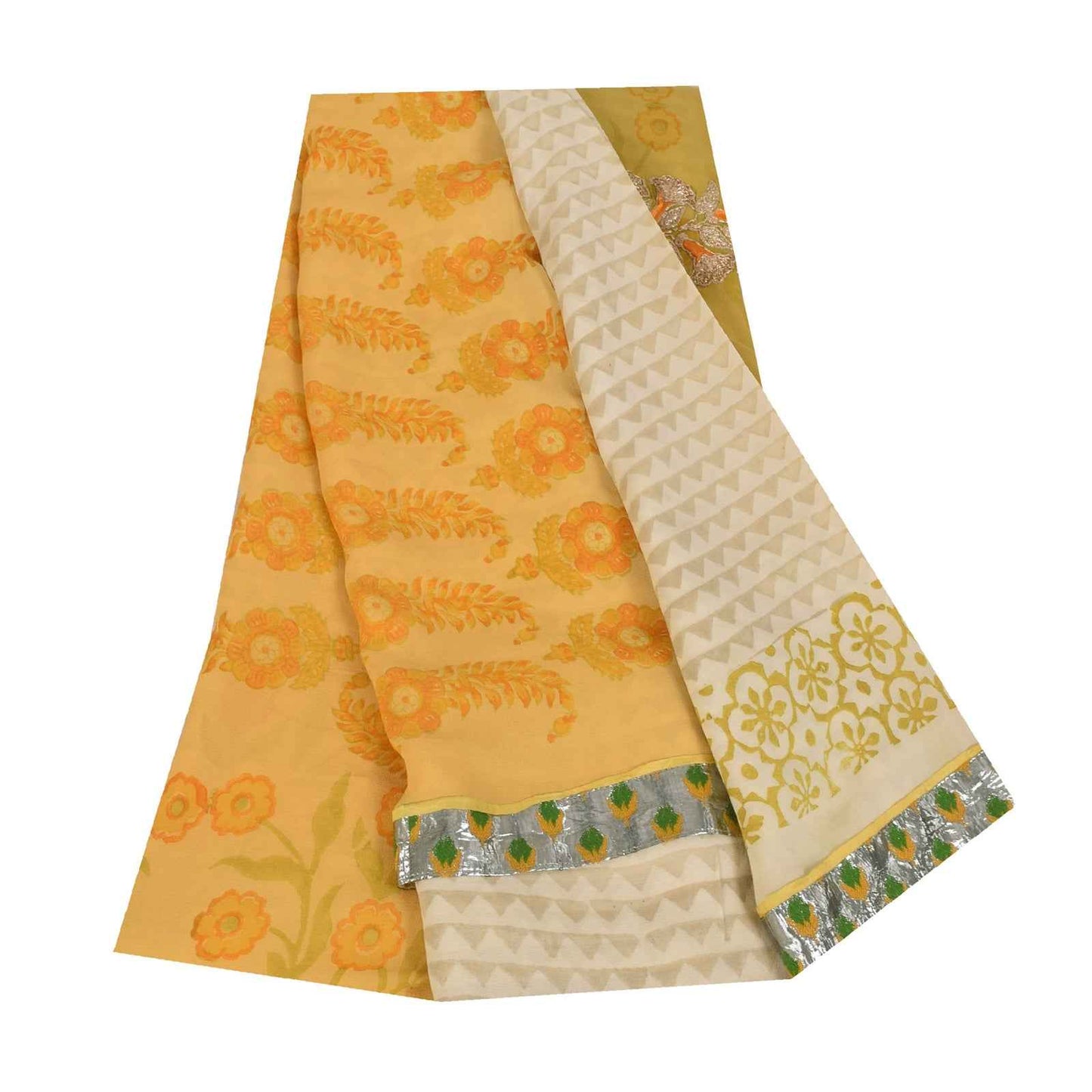 Sanskriti Vintage Sarees Ivory Pure Georgette Silk Print Sari 5+yd Craft Fabric