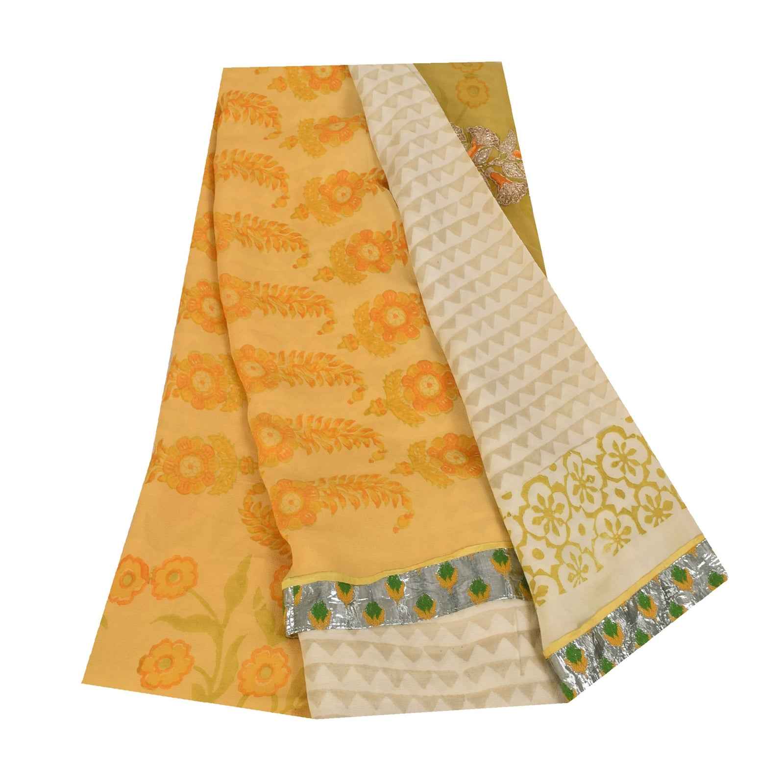 Sanskriti Vintage Sarees Ivory Pure Georgette Silk Print Sari 5+yd Craft Fabric