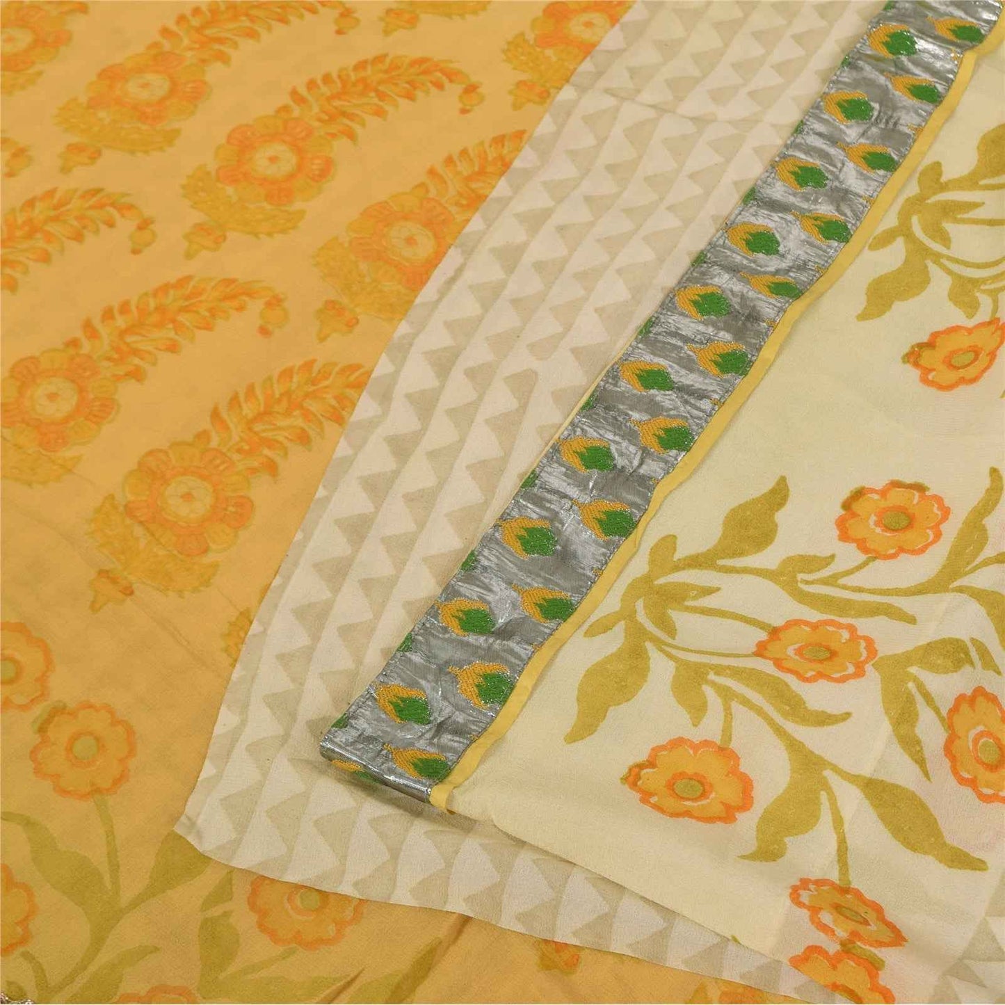 Sanskriti Vintage Sarees Ivory Pure Georgette Silk Print Sari 5+yd Craft Fabric