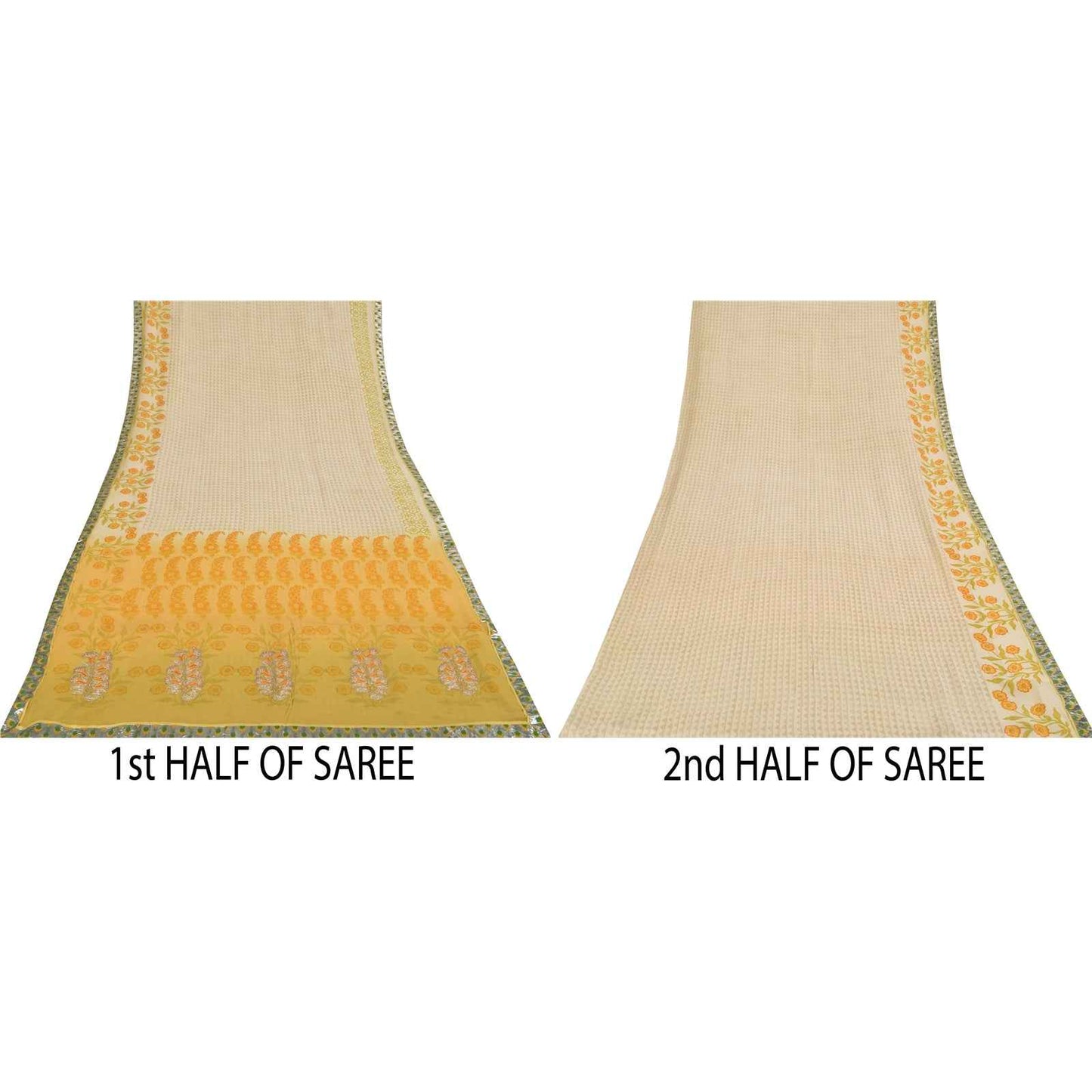 Sanskriti Vintage Sarees Ivory Pure Georgette Silk Print Sari 5+yd Craft Fabric