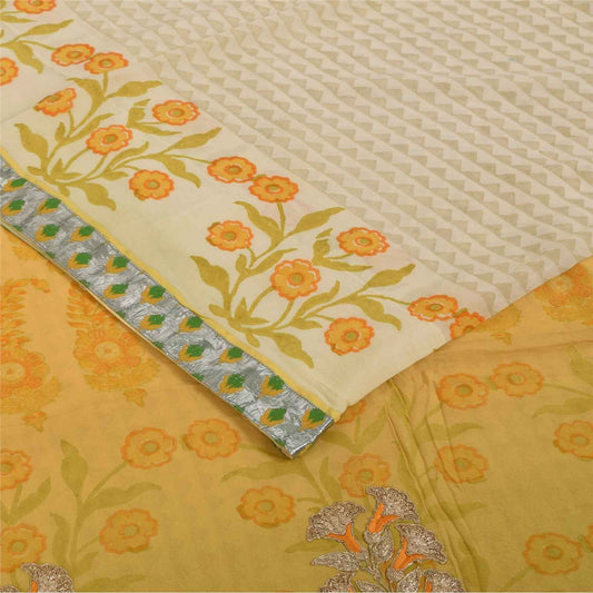 Sanskriti Vintage Sarees Ivory Pure Georgette Silk Print Sari 5+yd Craft Fabric