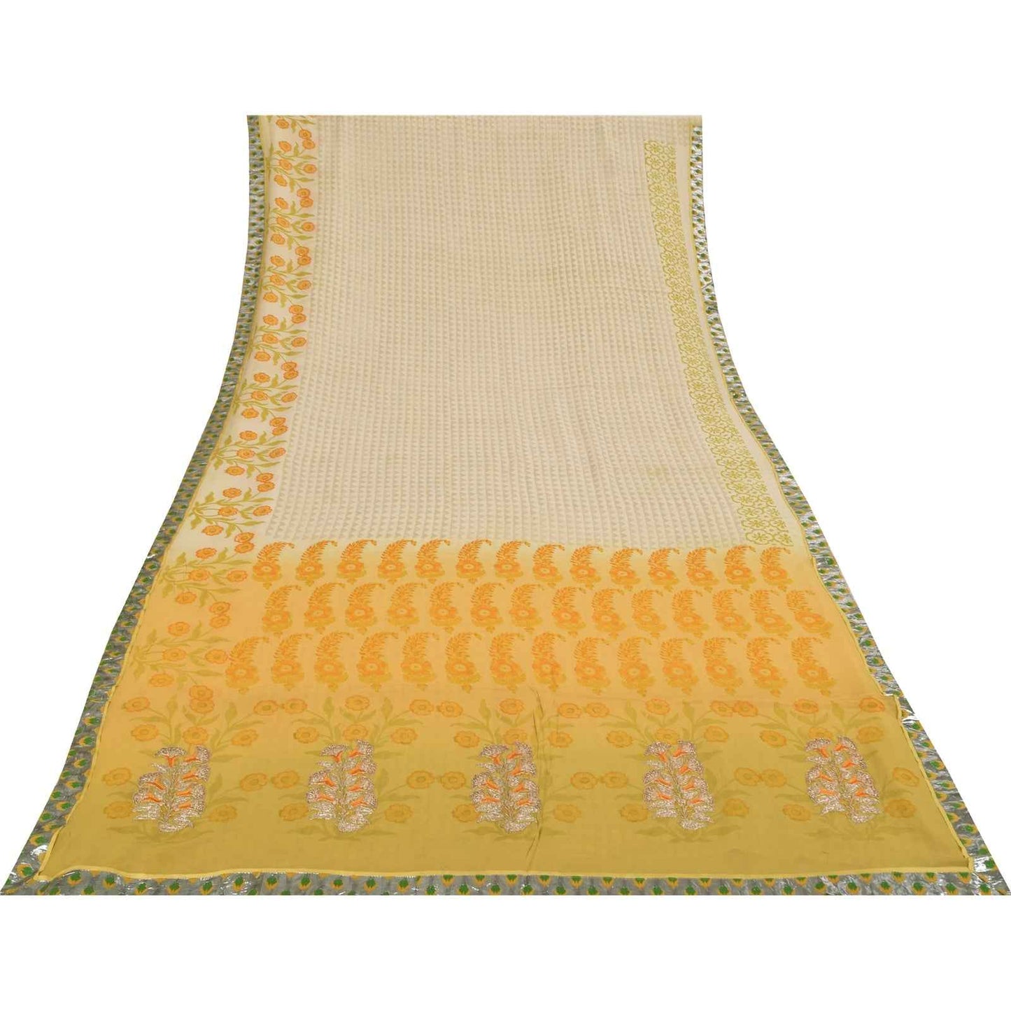 Sanskriti Vintage Sarees Ivory Pure Georgette Silk Print Sari 5+yd Craft Fabric