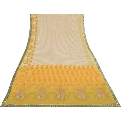 Sanskriti Vintage Sarees Ivory Pure Georgette Silk Print Sari 5+yd Craft Fabric