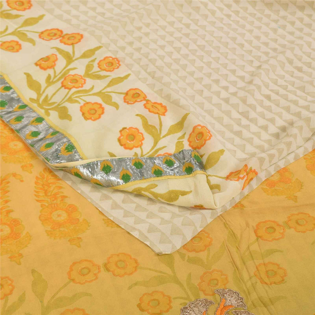 Sanskriti Vintage Sarees Ivory Pure Georgette Silk Print Sari 5+yd Craft Fabric