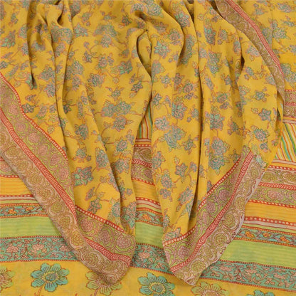 Sanskriti Vintage Sarees Yellow Pure Georgette Silk Print Sari 5+yd Craft Fabric