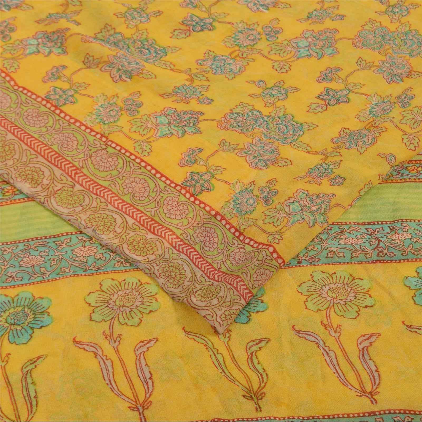 Sanskriti Vintage Sarees Yellow Pure Georgette Silk Print Sari 5+yd Craft Fabric