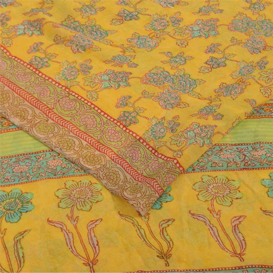 Sanskriti Vintage Sarees Yellow Pure Georgette Silk Print Sari 5+yd Craft Fabric